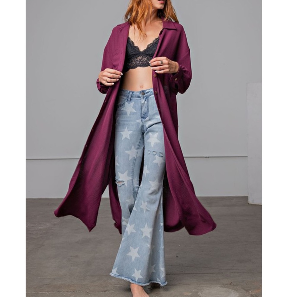 Textured long shirt dress in deep plum. Women’s fit.
